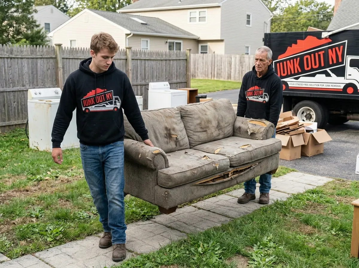Junk removal team carrying old furniture out of a basement