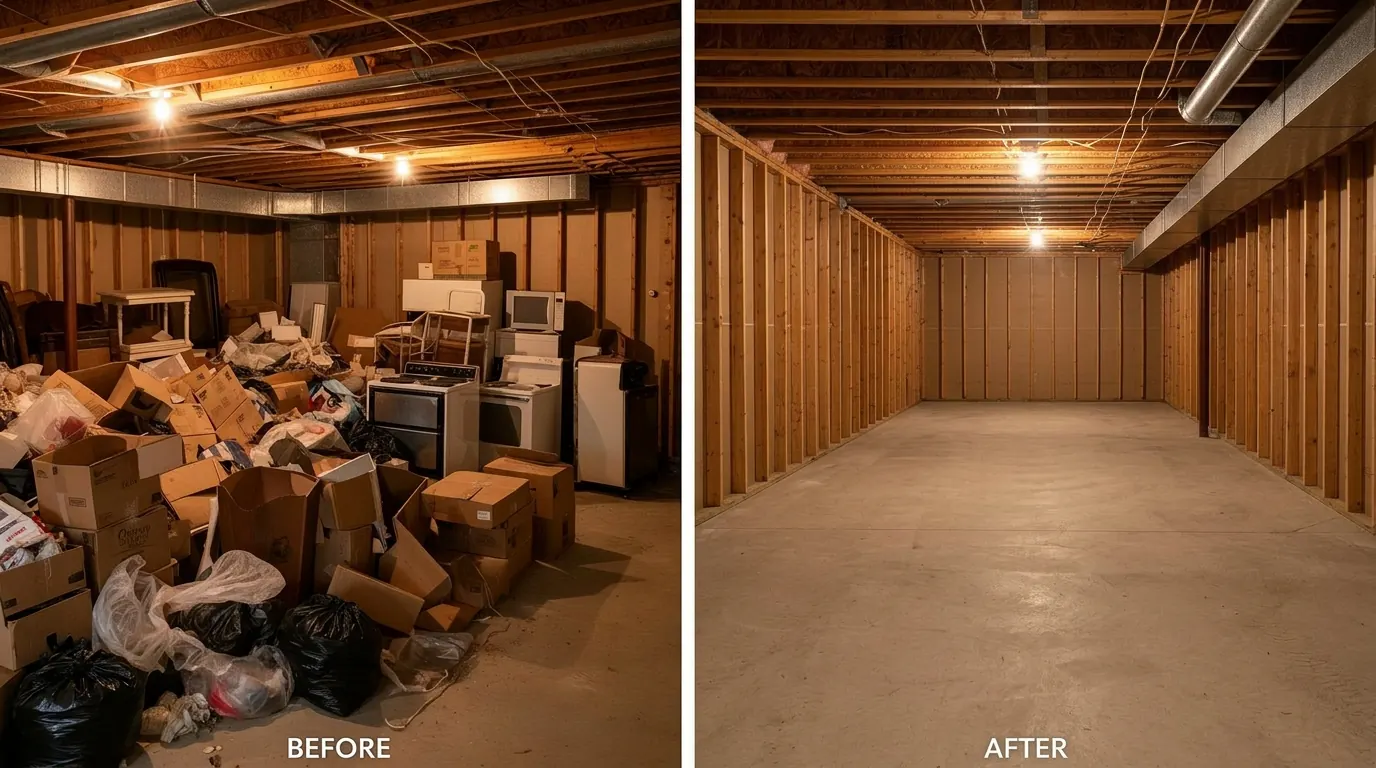 Before and after of a basement clean out, cluttered with junk on the left, fully cleared and clean on the right