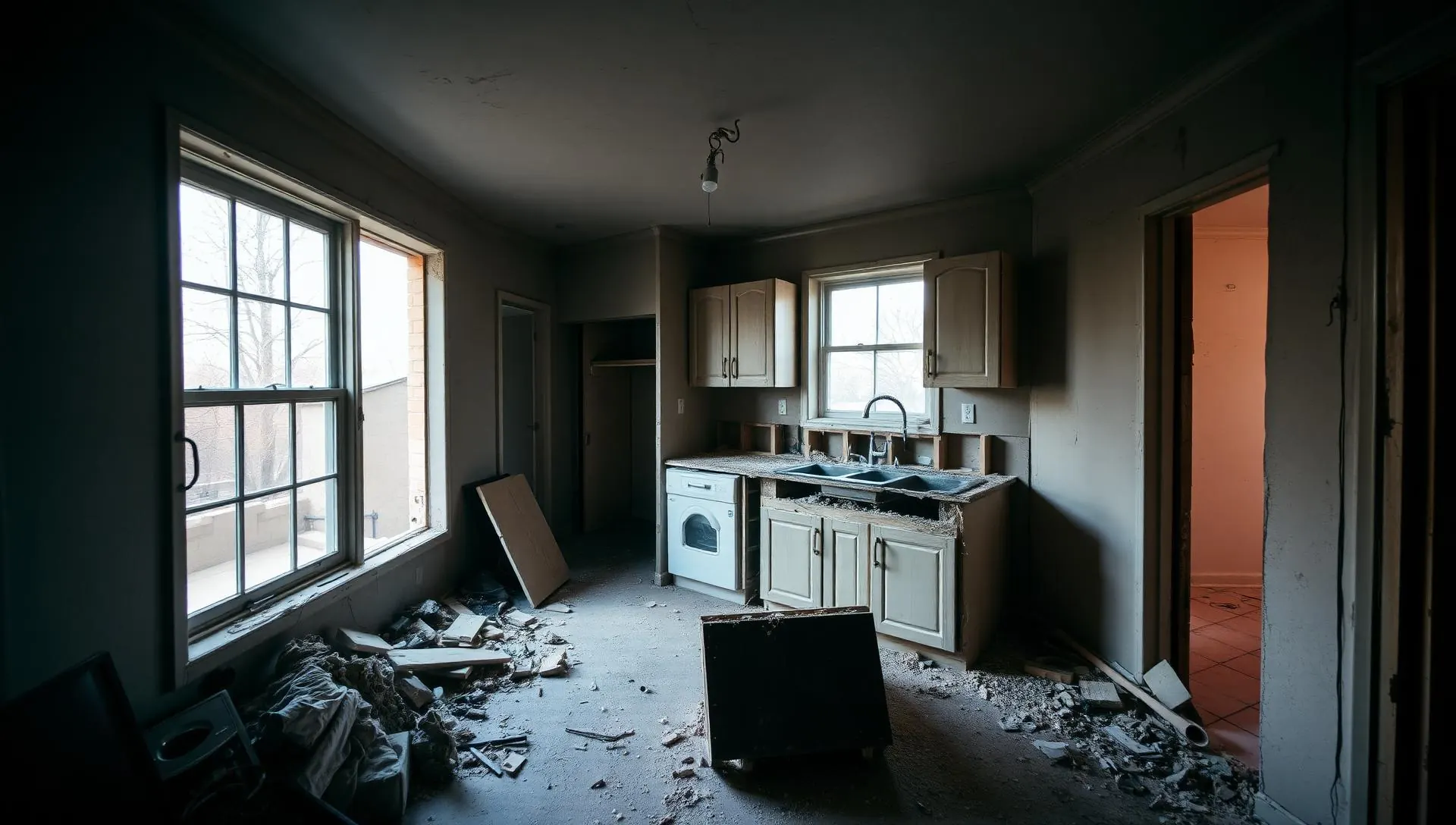 Kitchen mid-demolition with cabinets removed and debris on the floor