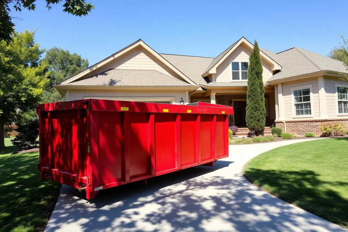 Red roll-off dumpster placed on a residential driveway in Rochester