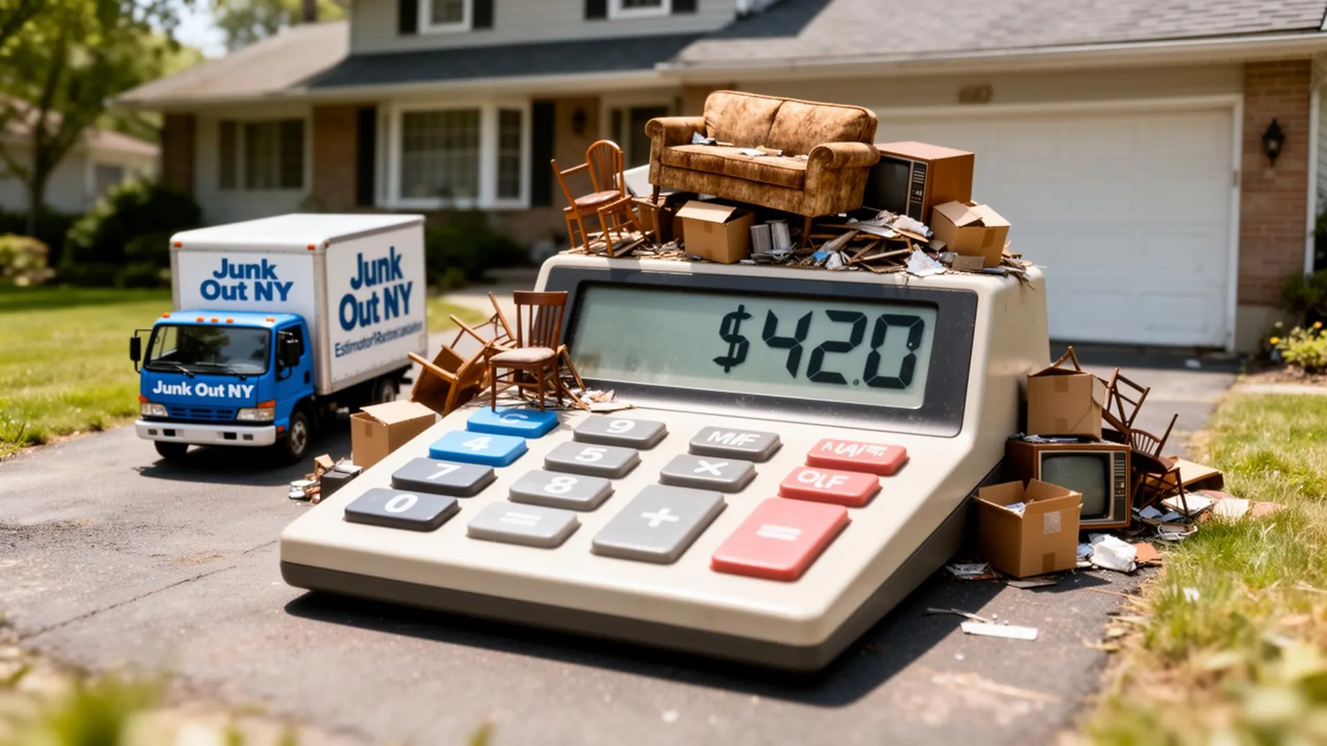 Oversized calculator with junk piled on top in a Rochester driveway next to a Junk Out NY truck