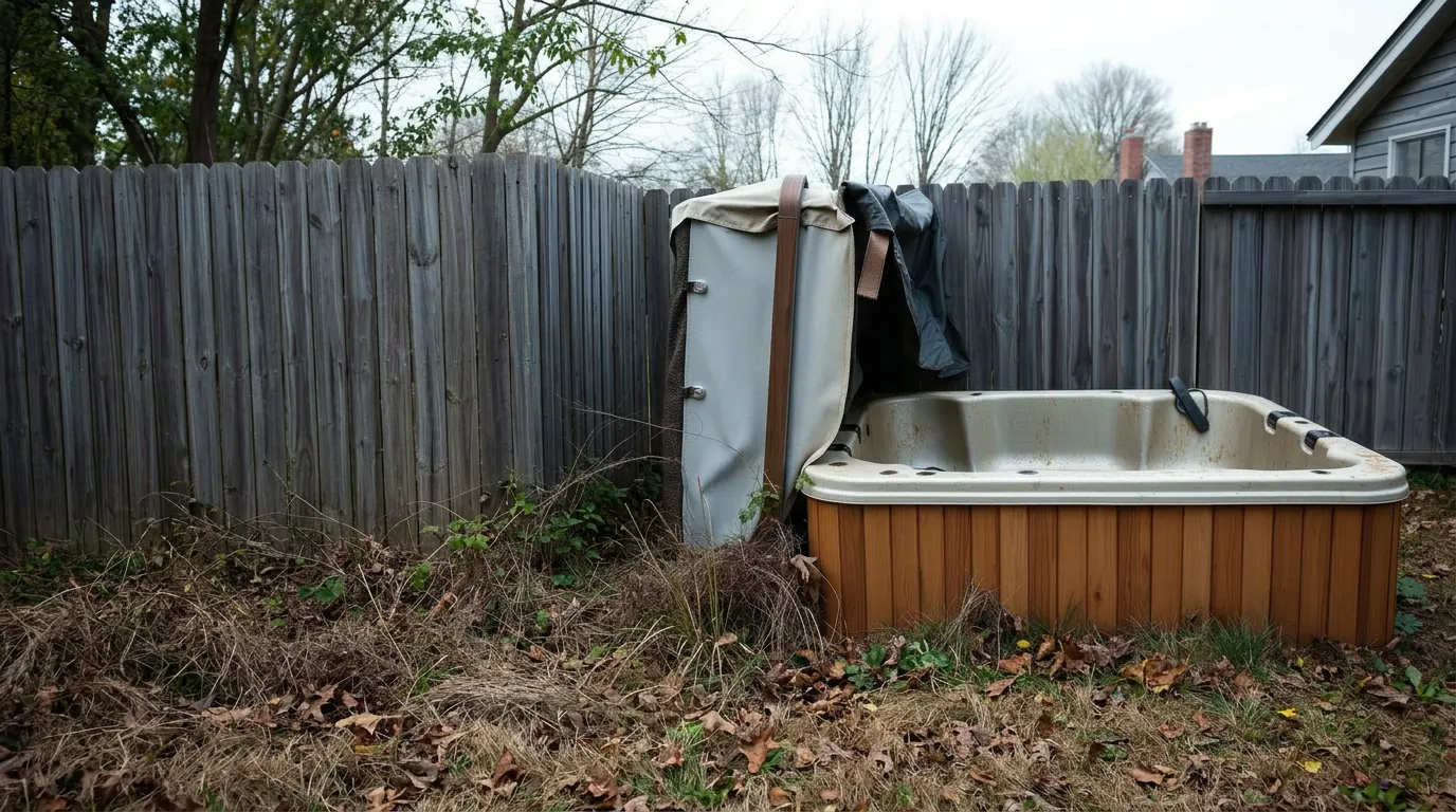 Beat-up old hot tub abandoned in an overgrown backyard