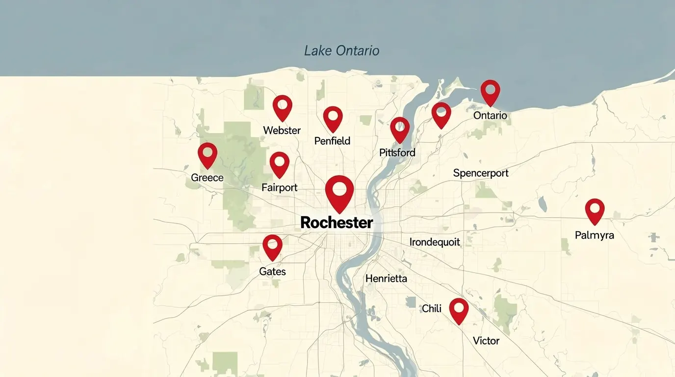 Map of the Greater Rochester NY area with pins marking Junk Out NY service towns